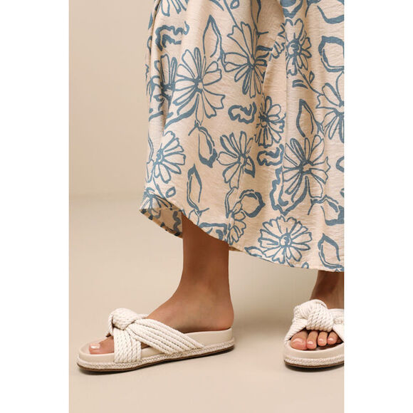 Lulus Shoes - Lulus Kellon Ivory Raffia Knotted Slide Sandals White - Size 37/7